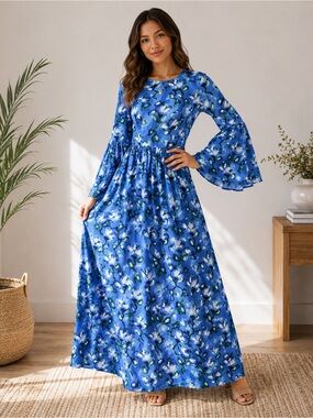 De Loreta Maxi Floral Dress A-Line Flared Bell Sleeves Size Small Pockets